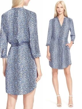 DVF • Freya Silk Blend Shirt Dress in Snake Hearts print blue black